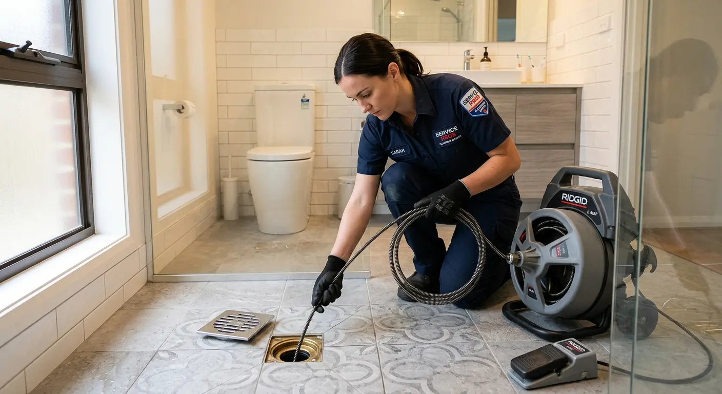 Technician clearing a bathroom floor drain for Clogged Drain Repair in Elk Plain